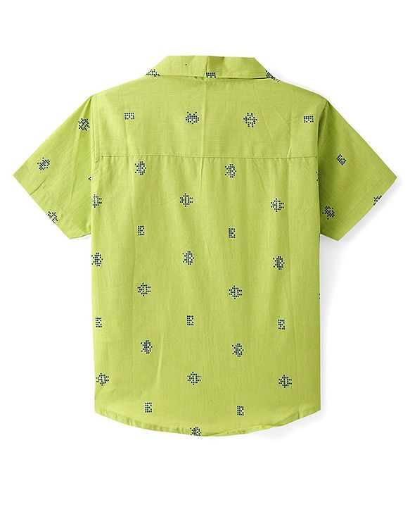 Babyhug Cotton Woven Half Sleeves Printed Shirt - Light Green
