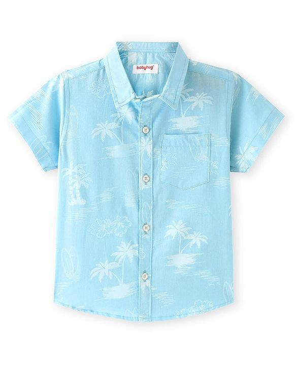 Babyhug Cotton Woven Half Sleeve Shirt with Beach Theme Print - Blue