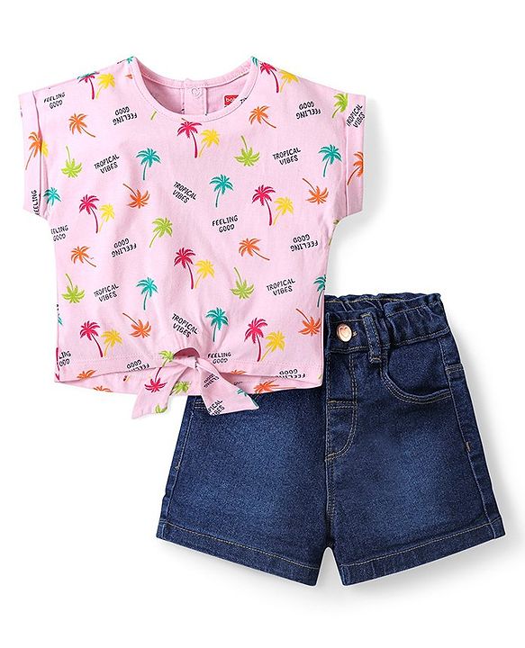 Babyhug Single Jersey Cotton Knit Half Sleeves Tropical Printed Top & Denim Shorts Set - Pink & Blue