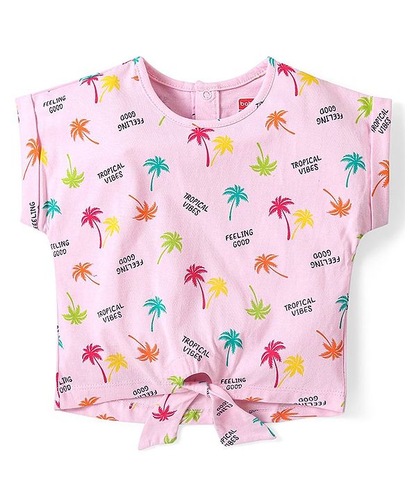 Babyhug Single Jersey Cotton Knit Half Sleeves Tropical Printed Top & Denim Shorts Set - Pink & Blue
