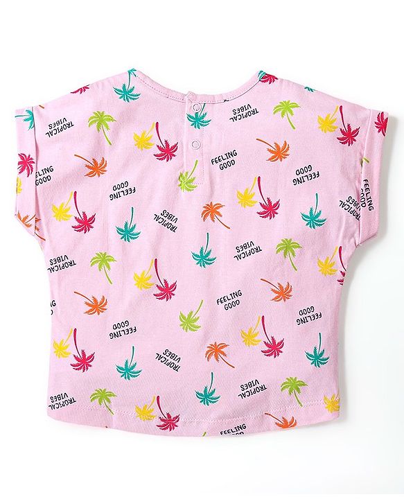 Babyhug Single Jersey Cotton Knit Half Sleeves Tropical Printed Top & Denim Shorts Set - Pink & Blue