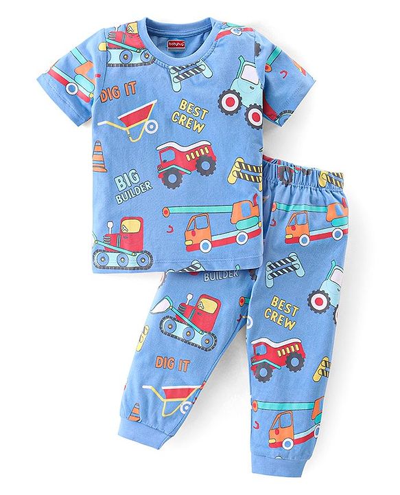 Babyhug Cotton Knit Half Sleeves Night Suit with Construction Vehicles Print - Blue