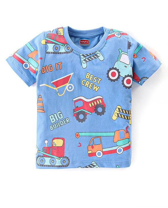 Babyhug Cotton Knit Half Sleeves Night Suit with Construction Vehicles Print - Blue