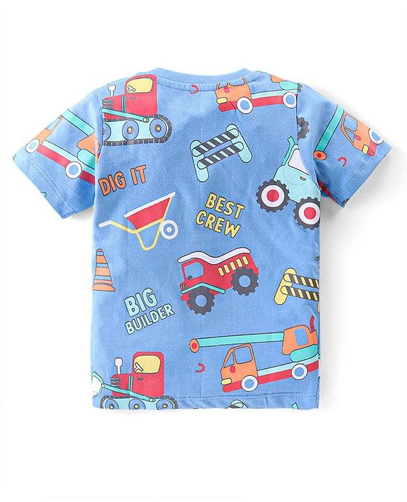 Babyhug Cotton Knit Half Sleeves Night Suit with Construction Vehicles Print - Blue