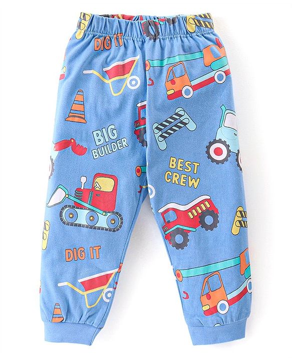 Babyhug Cotton Knit Half Sleeves Night Suit with Construction Vehicles Print - Blue