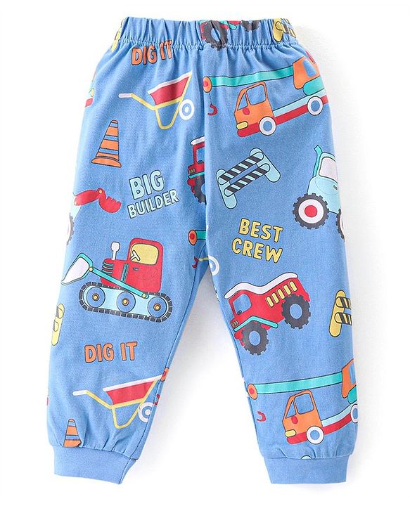 Babyhug Cotton Knit Half Sleeves Night Suit with Construction Vehicles Print - Blue