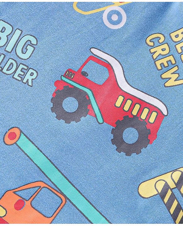 Babyhug Cotton Knit Half Sleeves Night Suit with Construction Vehicles Print - Blue