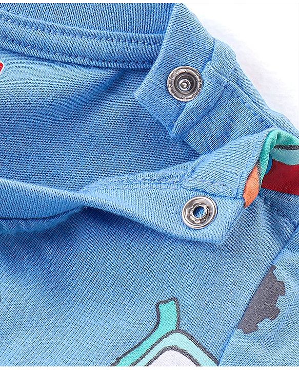 Babyhug Cotton Knit Half Sleeves Night Suit with Construction Vehicles Print - Blue