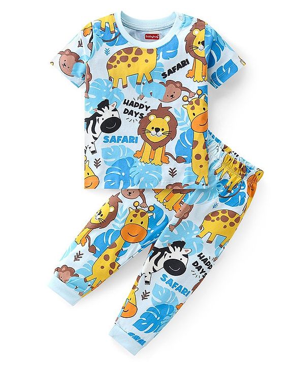 Babyhug Cotton Knit Half Sleeves Night Suit With Jungle Safari Theme Print - Blue