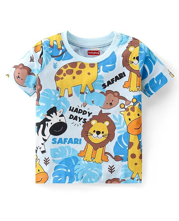 Babyhug Cotton Knit Half Sleeves Night Suit With Jungle Safari Theme Print - Blue