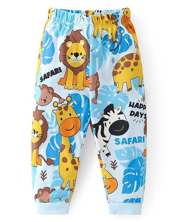 Babyhug Cotton Knit Half Sleeves Night Suit With Jungle Safari Theme Print - Blue
