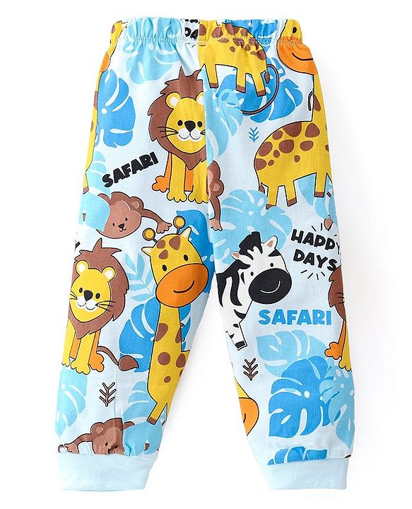 Babyhug Cotton Knit Half Sleeves Night Suit With Jungle Safari Theme Print - Blue