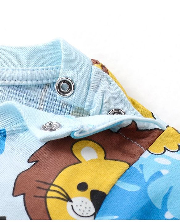 Babyhug Cotton Knit Half Sleeves Night Suit With Jungle Safari Theme Print - Blue