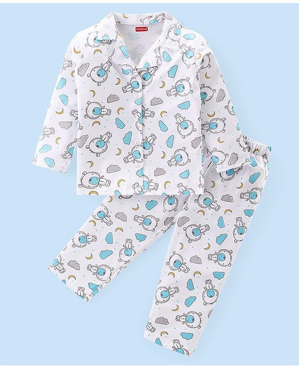Babyhug Cotton Knit Full Sleeves Front Open Night Suit With Teddy Print - White