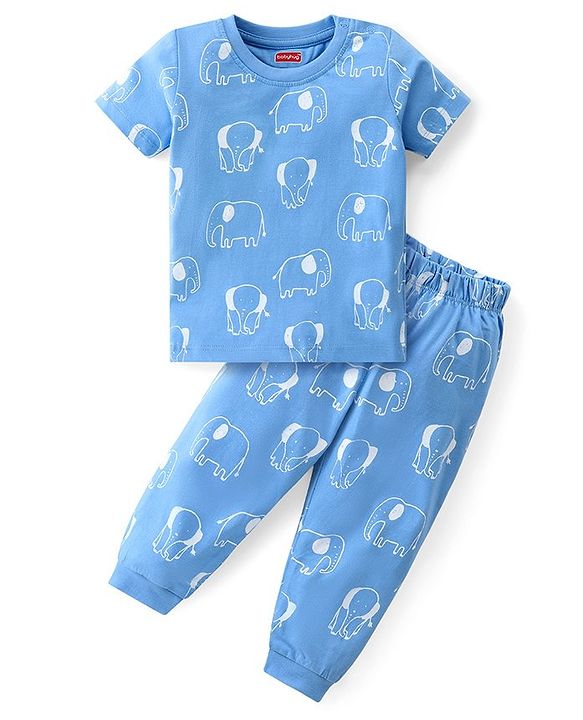 Babyhug Cotton Knit Half Sleeves Night Suit With Elephant Print - Blue