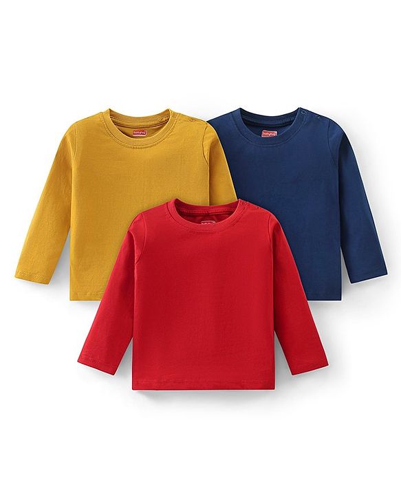 Babyhug Cotton Knit Full Sleeves T-Shirts Solid Colour Pack of 3 - Multicolour