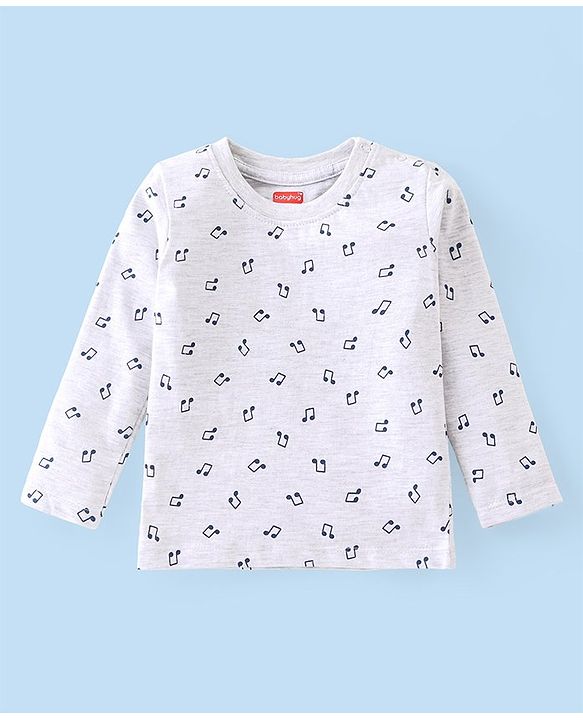 Babyhug Cotton Knit Full Sleeves Musical Nodes Printed T-Shirt - White Melange