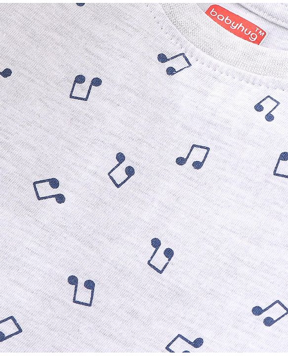 Babyhug Cotton Knit Full Sleeves Musical Nodes Printed T-Shirt - White Melange