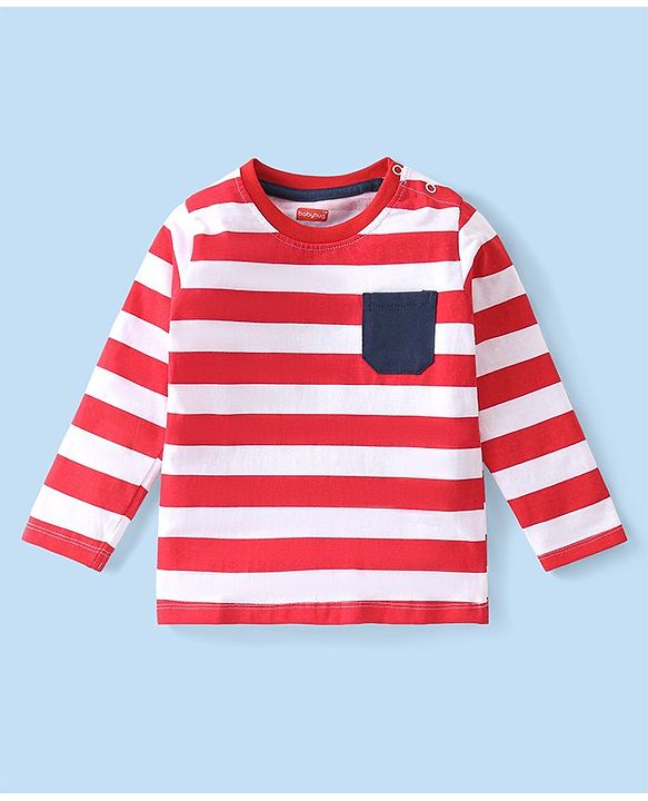 Babyhug Cotton Knit Full Sleeves Striped T-Shirt with Pocket - Red & White