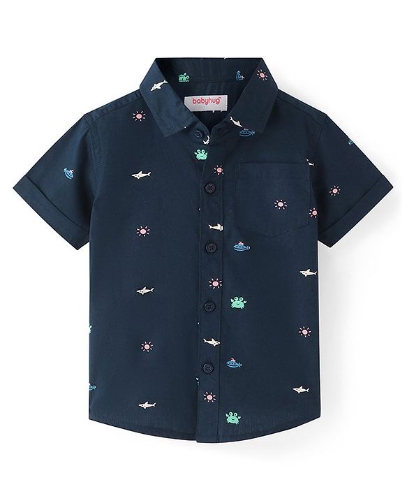 Babyhug Cotton Woven Half Sleeves Aquatic Theme Printed Shirt - Navy Blue