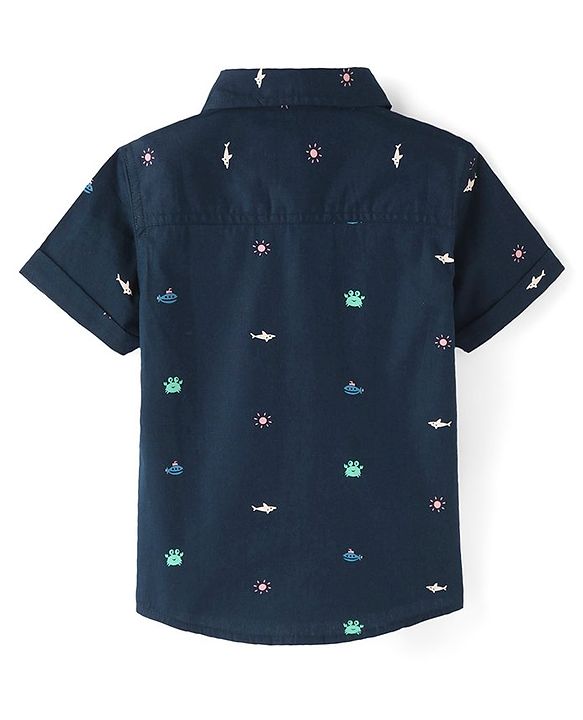 Babyhug Cotton Woven Half Sleeves Aquatic Theme Printed Shirt - Navy Blue
