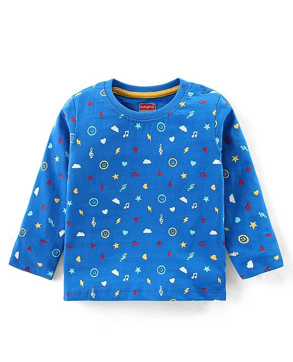 Babyhug Cotton Knit  Full Sleeves T-Shirt with Heart & Star Print - Blue