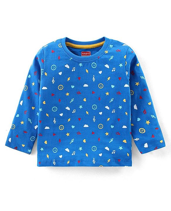 Babyhug Cotton Knit  Full Sleeves T-Shirt with Heart & Star Print - Blue