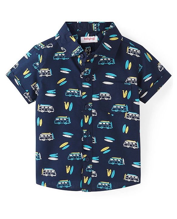 Babyhug Cotton Woven Half Sleeves Camper Van Printed Shirt - Navy Blue