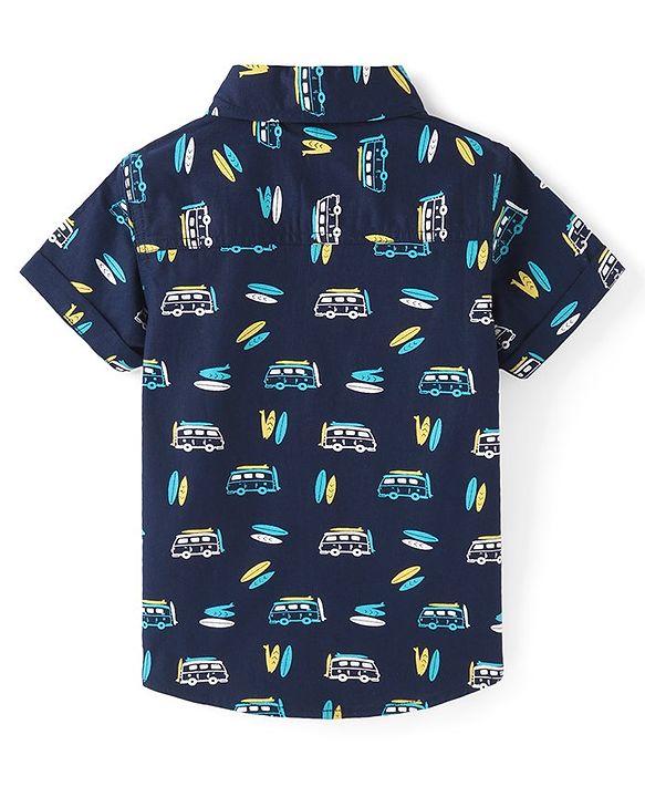 Babyhug Cotton Woven Half Sleeves Camper Van Printed Shirt - Navy Blue