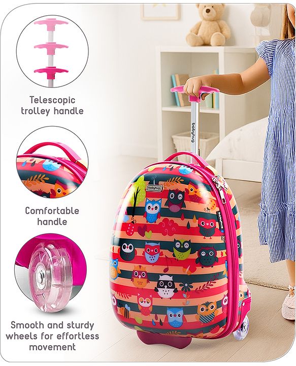 Babyhug Trolley Bag Owl Print Dark Pink  -16 Inches