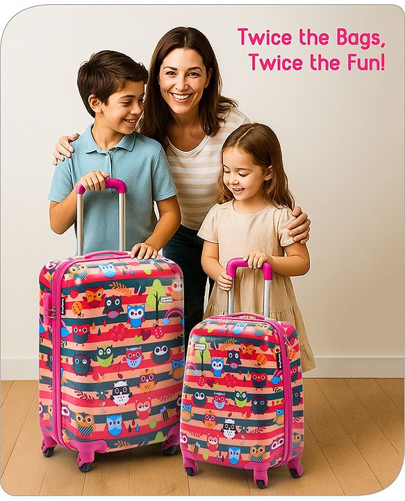 Babyhug Trolley Bag Owl Print Pack of 2 Dark Pink -18 & 20 Inches