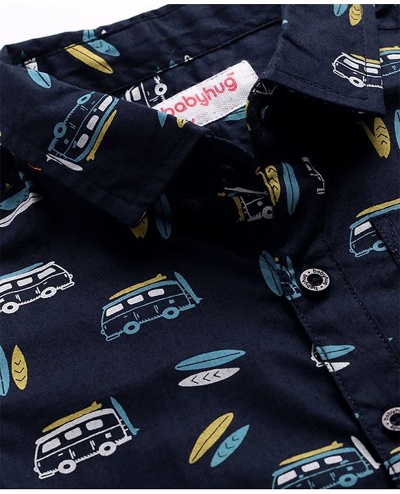 Babyhug Cotton Woven Half Sleeves Shirt With Vehicles Print - Blue