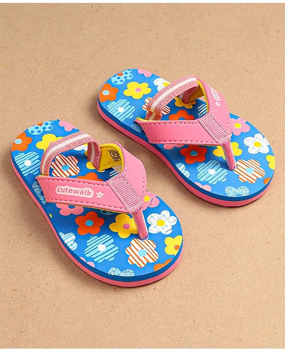 Cute Walk by Babyhug Flip Flops With Back Strap Floral Print - Pink & Light Blue