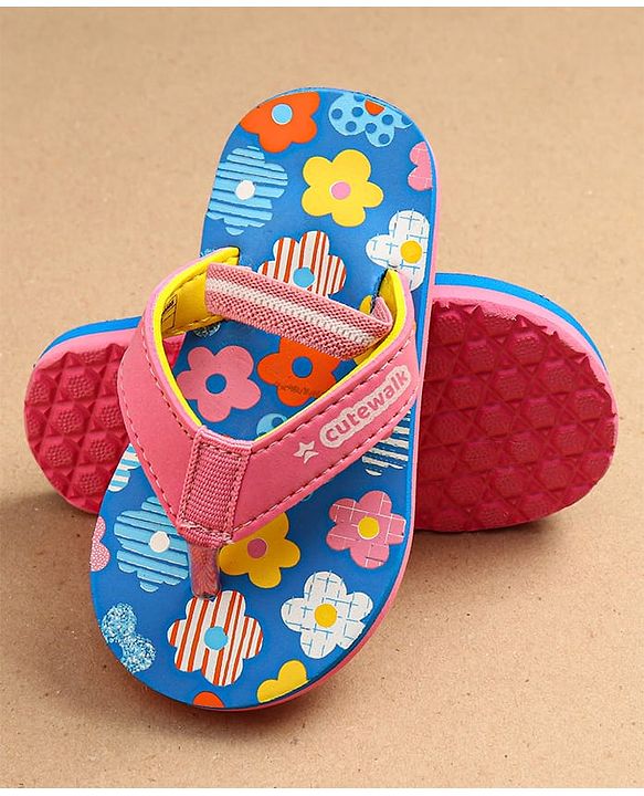 Cute Walk by Babyhug Flip Flops With Back Strap Floral Print - Pink & Light Blue