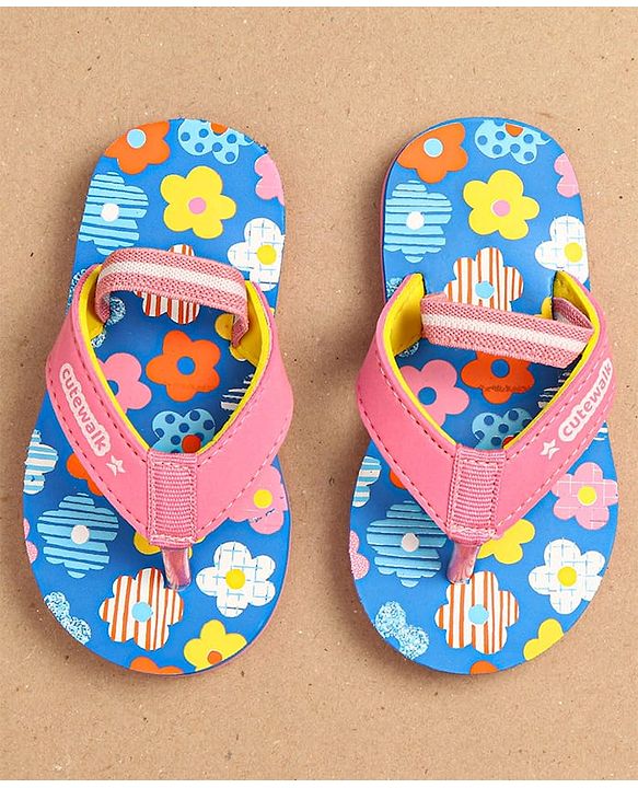 Cute Walk by Babyhug Flip Flops With Back Strap Floral Print - Pink & Light Blue