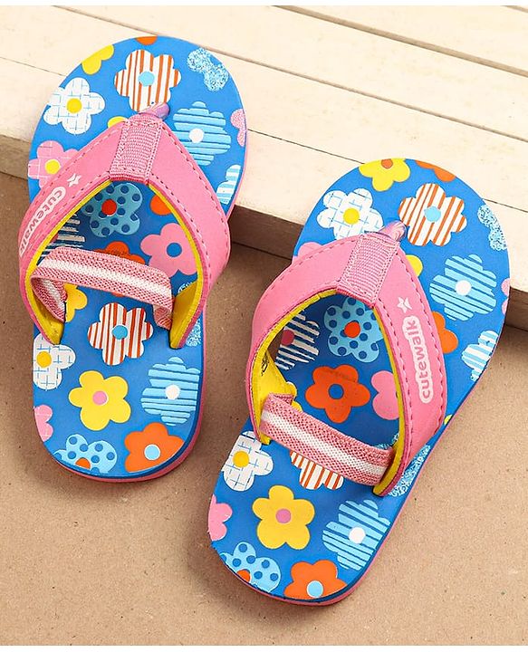 Cute Walk by Babyhug Flip Flops With Back Strap Floral Print - Pink & Light Blue