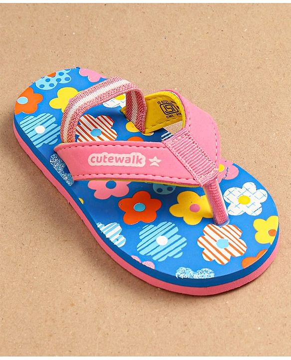 Cute Walk by Babyhug Flip Flops With Back Strap Floral Print - Pink & Light Blue
