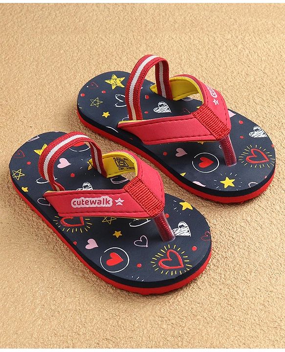 Cute Walk by Babyhug Flip Flops With Back Strap Closure & Heart  Print - Navy