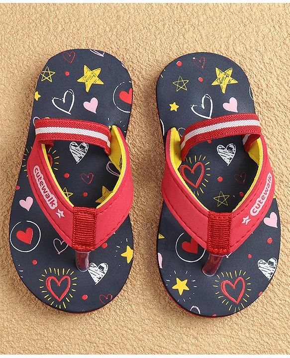 Cute Walk by Babyhug Flip Flops With Back Strap Closure & Heart  Print - Navy