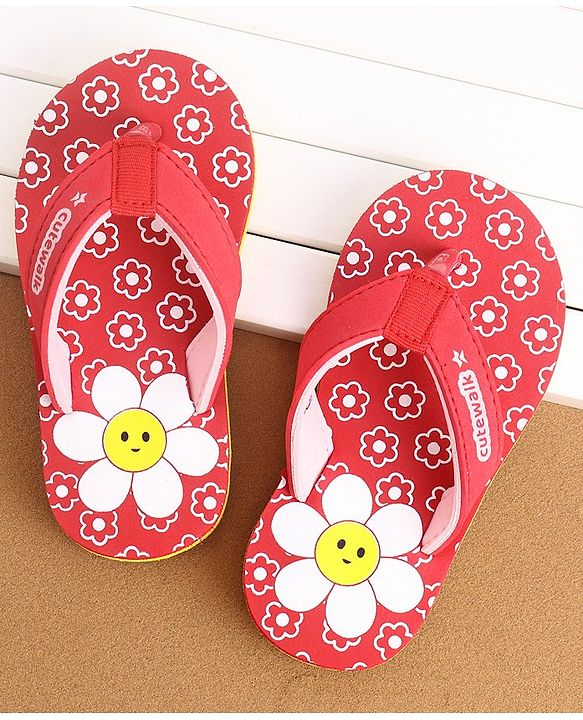 Cute Walk by Babyhug Slip On Flip Flops With Floral Print - Red