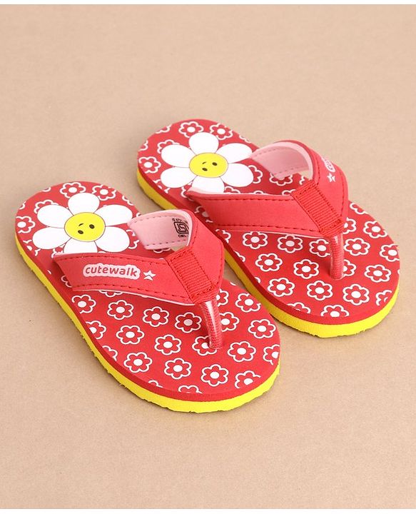 Cute Walk by Babyhug Slip On Flip Flops With Floral Print - Red