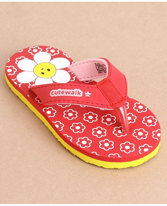 Cute Walk by Babyhug Slip On Flip Flops With Floral Print - Red