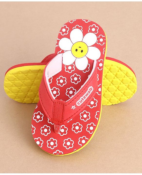 Cute Walk by Babyhug Slip On Flip Flops With Floral Print - Red