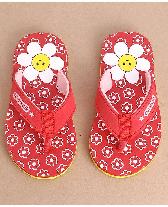 Cute Walk by Babyhug Slip On Flip Flops With Floral Print - Red