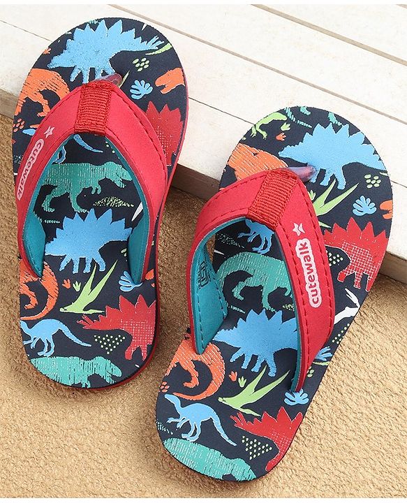 Cute Walk by Babyhug Slip on Flip Flops Dino Print - Navy & Red