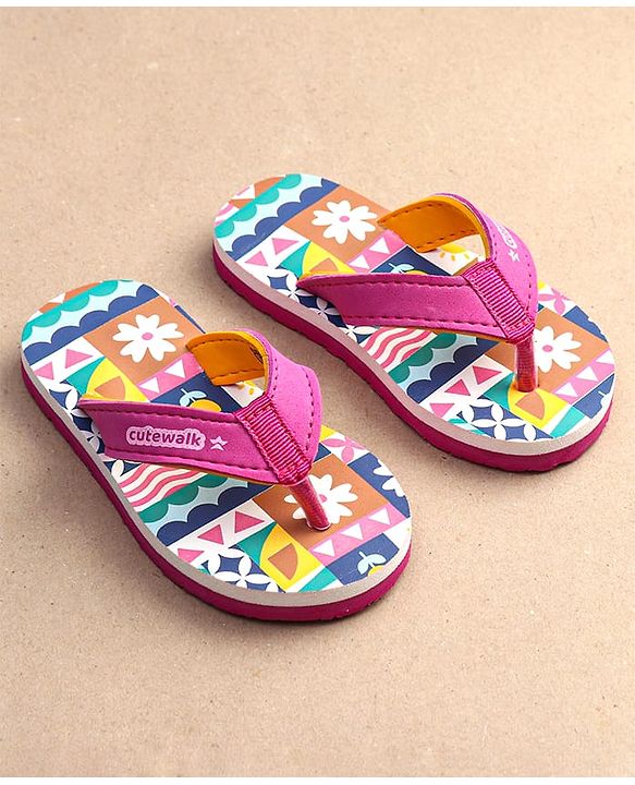 Cute Walk by Babyhug Slip On Flip Flops with Floral Print - Pink & White
