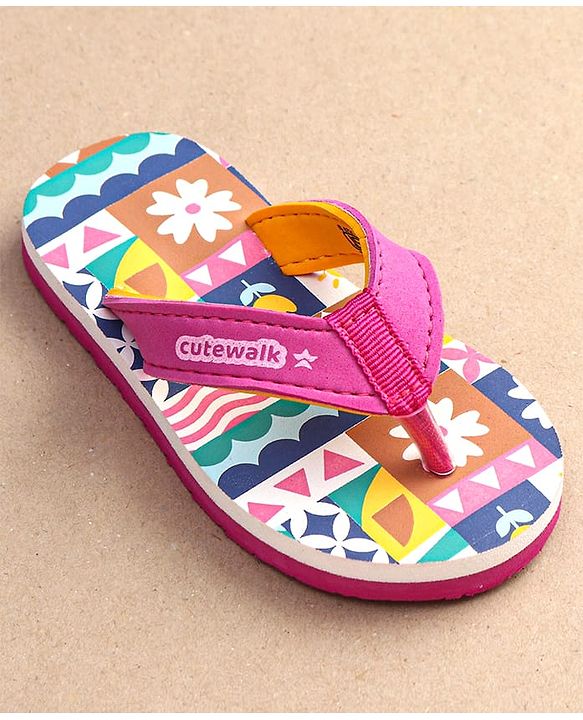 Cute Walk by Babyhug Slip On Flip Flops with Floral Print - Pink & White