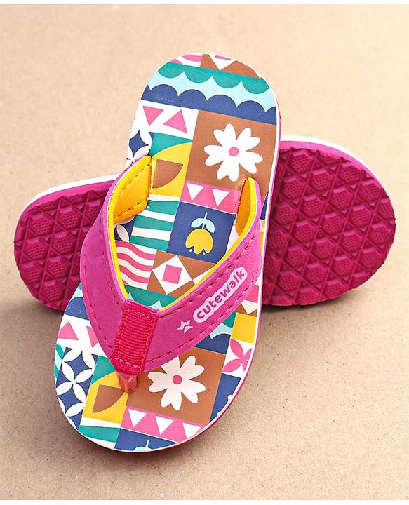 Cute Walk by Babyhug Slip On Flip Flops with Floral Print - Pink & White