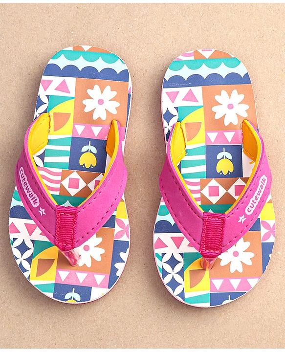 Cute Walk by Babyhug Slip On Flip Flops with Floral Print - Pink & White
