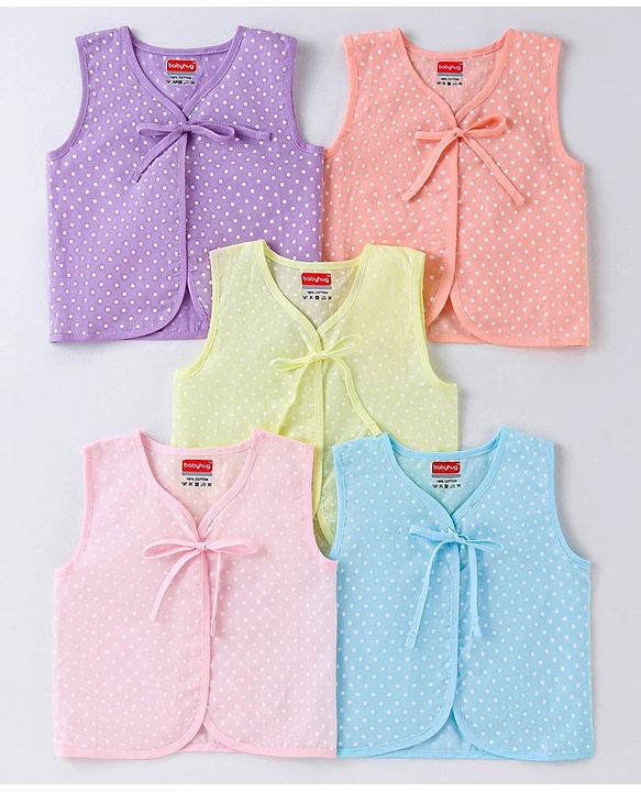 Babyhug 100% Cotton Woven Sleeveless Front Tie Knot Jhablas With Polka Dot Print Pack of 5 - Multicolour